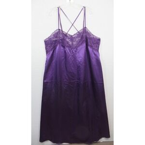 Amoureuse Shiny Satin Nightgown Plus Size 1X Purple Maxi Lace Trim Sleeveless